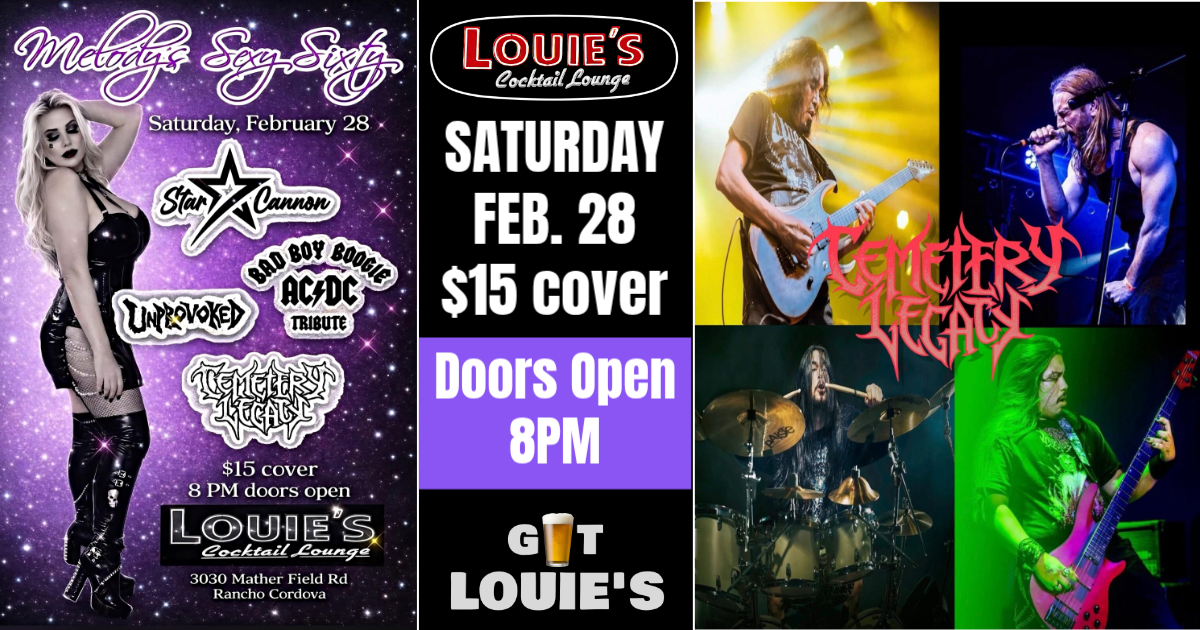 🎉 Melody’s Sexy Sixty Birthday Bash – Live Rock Night at Louie’s! 🎸🔥 Louie’s Cocktail Lounge 📅 Saturday the 28th 📍 3030 Mather Field Rd, Rancho Cordova 💵 $15 Cover 🚪 Doors Open: 8:00 PM 🎶 Show Starts: 9:00 PM Get ready, Rancho Cordova — we’re celebrating Melody Jones’ Sexy Sixty the only way we know how… LOUD, LIVE, and LEGENDARY! 🎤 Live Performances By: • Cemetery Legacy • Unprovoked • Starr Cannon • 🔥 Headlining the Night: Bad Boogie – The Ultimate AC/DC Tribute Experience 🔥 Rock out to the biggest AC/DC hits, raise a glass, and help us sing Happy Birthday to the beautiful Melody Jones! Full bar • Big stage • Dance floor • Late-night party vibes 🎉 This is not just a birthday party — it’s a full-on rock celebration at one of Rancho Cordova’s favorite live music spots. Tag your crew. Wear your black. Bring your energy. Let’s pack the house and make this a birthday to remember! 🤘🍻