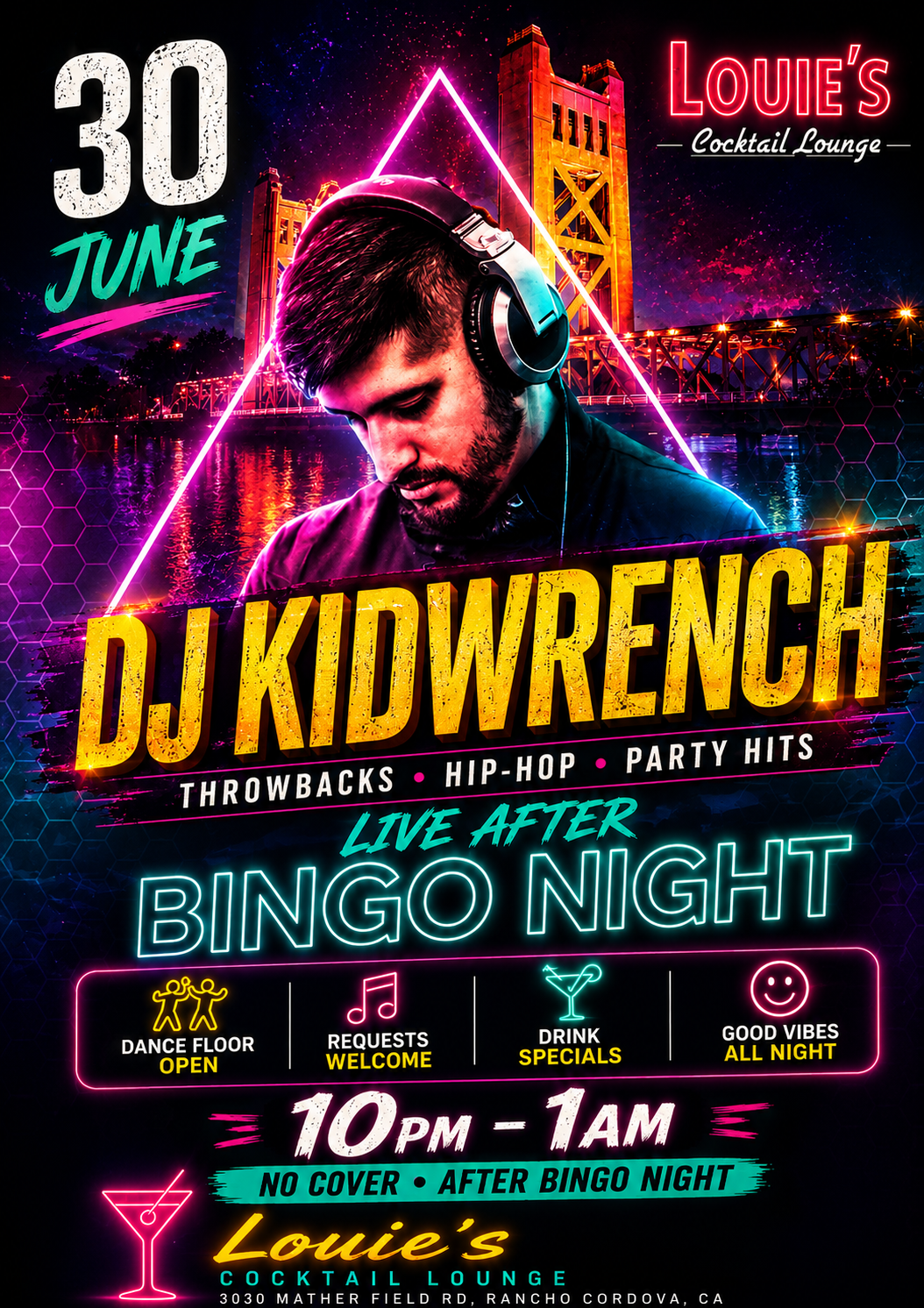 🎧 DJ Kidwrench Live at Louie's Cocktail Lounge 🎧 Date: Tuesday, June 30, 2026 Time: 10:00 PM – 1:00 AM Location: Louie's Cocktail Lounge 3030 Mather Field Rd. Rancho Cordova, CA